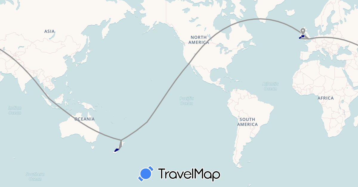 TravelMap itinerary: driving, plane in Cook Islands, United Kingdom, Ireland, New Zealand, Singapore, United States (Asia, Europe, North America, Oceania)